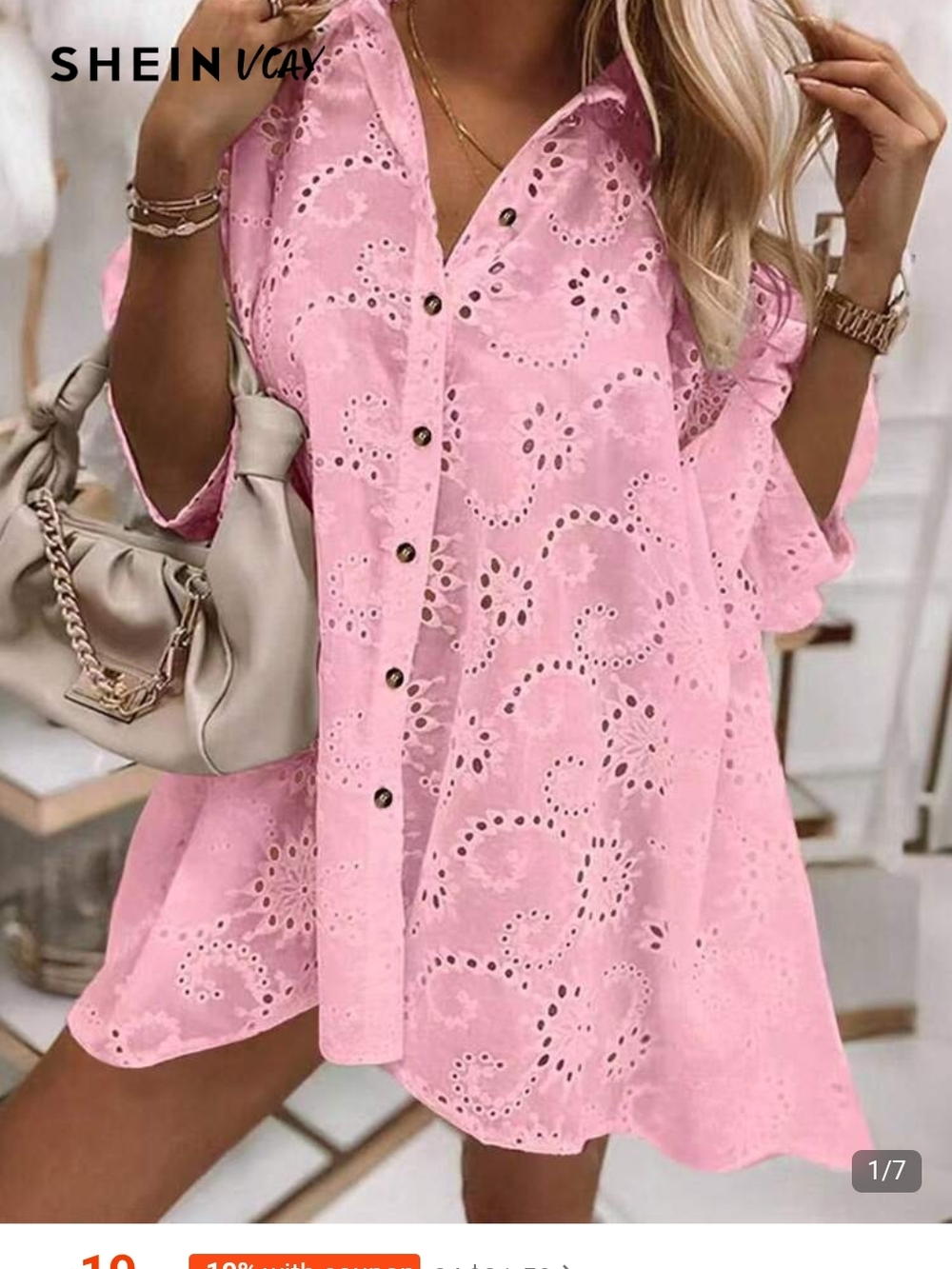 SHEIN Pink Eyelet Button-Down Tunic Blouse